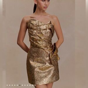 Meshki Sadie Structured Mini Dress Gold Strapless Jacquard Party NWOT S